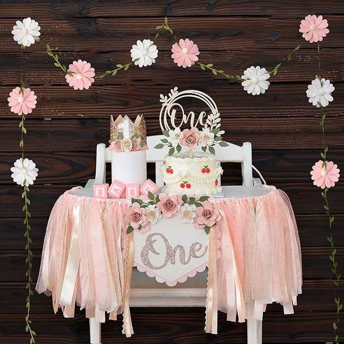 First Birthday Decorations for Girl Light Pink High Chair Banner One Flower Cake Topper Floral Hat Wildflower Garland 1st Birthday Decoration Supplies