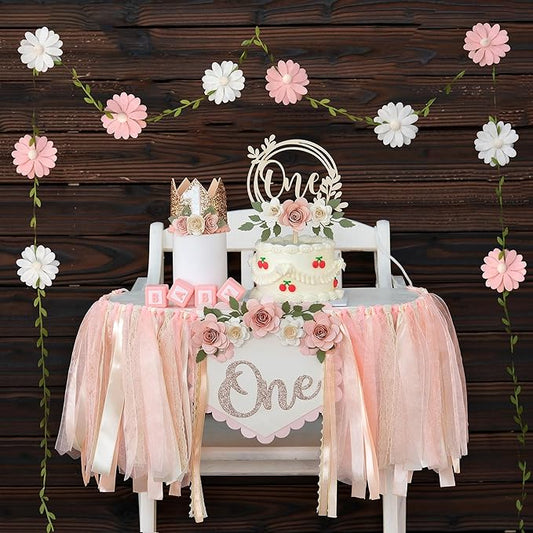 First Birthday Decorations for Girl Light Pink High Chair Banner One Flower Cake Topper Floral Hat Wildflower Garland 1st Birthday Decoration Supplies
