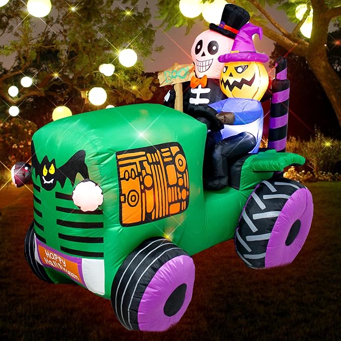 5.5Ft Long Halloween Inflatable Ghost Tractor Decoration with LED Lights Halloween Blow up Car Outdoor Indoor Holiday Decorations Yard Decor Giant Lawn Inflatable Garden Party Decoration