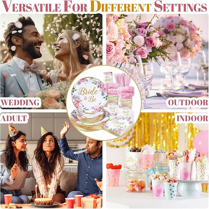 350PCS Floral Bridal Shower Decorations for 50 Guests Include Paper Plate, Napkin, Cup and Disposable Plastic Tableware