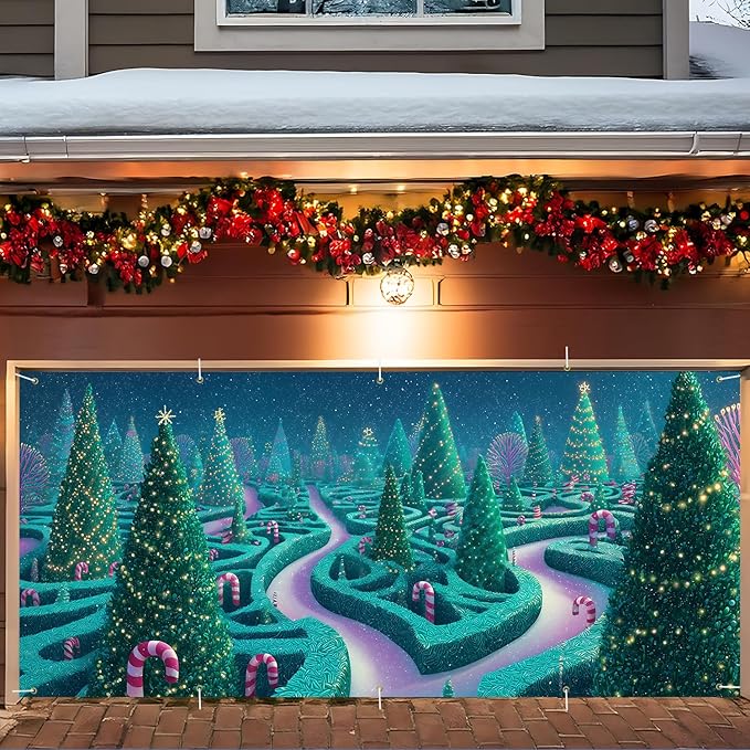 Christmas Maze with Trees Garage Door Banner 7x16FT, Winter Wonderland Holiday Scene, Outdoor Xmas Decoration for Garage Doors, Large Garage Cover for Christma