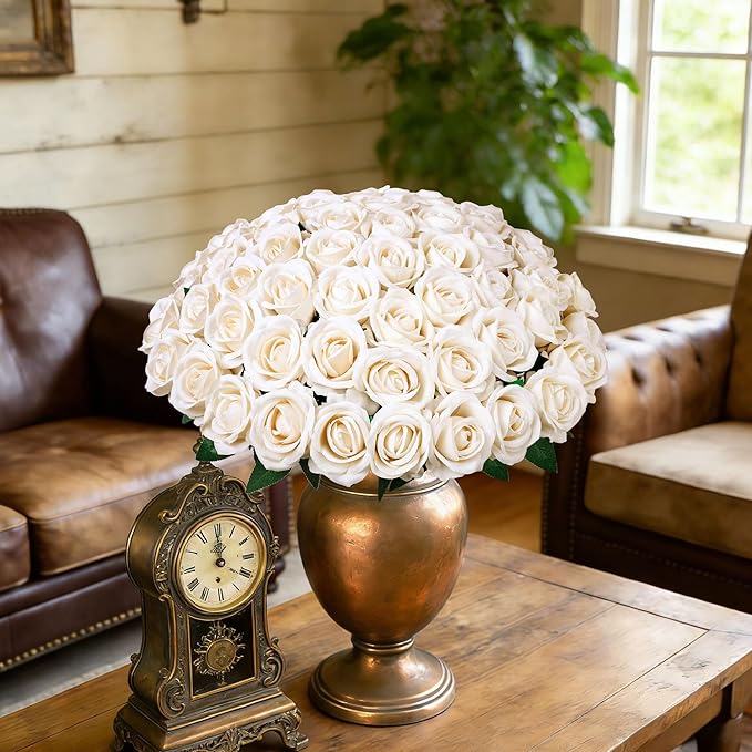 50 PCS Champagne Roses Artificial Flowers, Fake Roses with Stem Realistic Silk Rose for DIY Wedding Bouquets Table Centerpieces Arrangements Baby Shower Birthday Home Decor Valentines Day Gift for Her