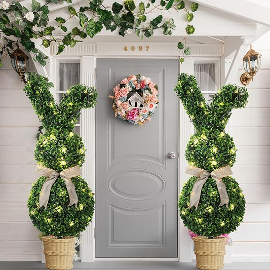 2 Pcs 31.5 Inch Easter Artificial Bunny Shaped Topiary Trees with Ground Spike, Spring Faux Boxwood Topiary Rabbit Bushes Potted Fake Shrubs for Garden Patio Front Porch Indoor Outdoor Decor
