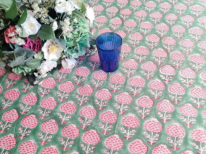 ATOSII Roma Green 100% Cotton Rectangle Spring Summer Tablecloth, Handblock Floral Table Cloth Linen for Kitchen Dining I Parties Wedding Outdoors Easter Picnics Holidays I 72 X 120 Inches I 10 Seater