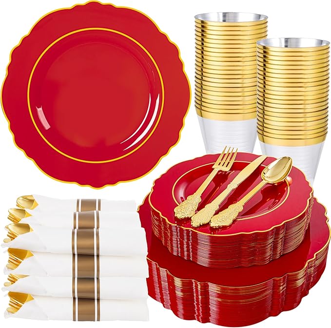 Liacere 175PCS Red Plastic Plates - Red Disposable Plates With Gold Rim -25Guest Baroque Plastic Dinnerware include 50Plates-25Pack Pre Rolled Napkins with Silverware 25Cups for Valentine's Day