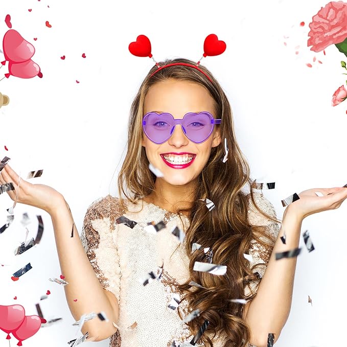 Yunsailing 48 Pcs Valentines Day Heart Headband Boppers and Heart Shape Sunglasses Valentines Accessories Costume Photo Prop(Red, Cute Color)