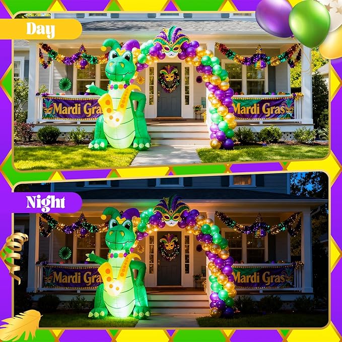 VIHOSE 5.5 FT Mardi Gras Inflatable Decoration Large Blow Up Alligator with Saxophone Necklace and Jester Hat Built in LED Lights for Mardi Gras Yard Garden Outdoor Decoration