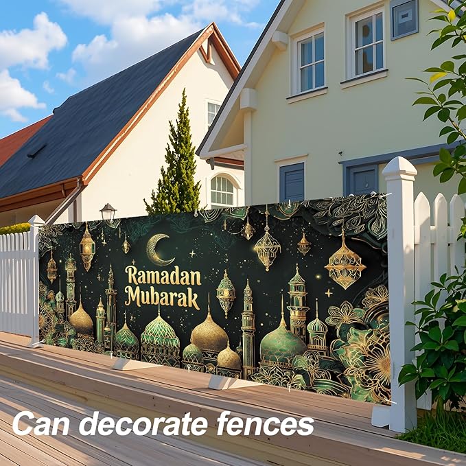 Ramadan Mubarak Garage Door Banner 7x16FT, Islamic Crescent Moon & Lanterns Design, Outdoor Decoration for Ramadan and Eid Celebrations