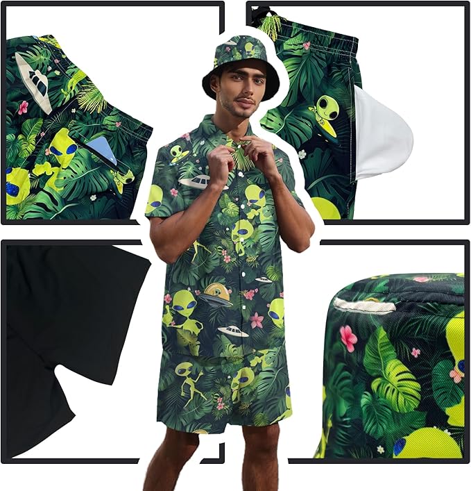 Men's Hawaiian Shirt and Shorts Set 2 Piece Beach Outfits with Bucket Hats for Beach Days and Summer Vibes