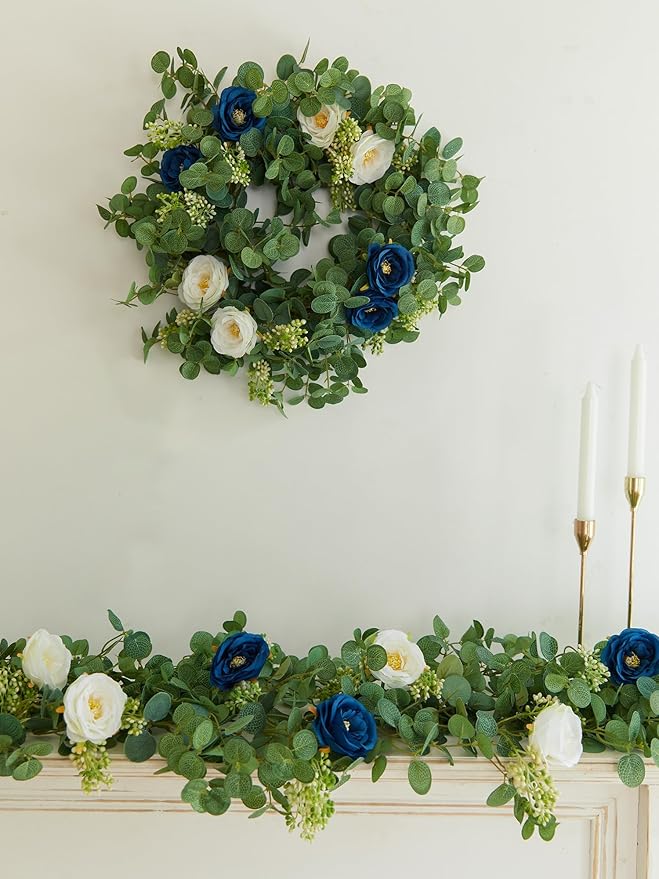 PARTY JOY 2pcs 6.56ft Eucalyptus Garland with Flowers-8 Blue White Roses, Artificial Fake Flowers Greenery Garland Floral Vines for Decoration Party Wedding Table Indoor Outdoor Backdrop Wall Decor