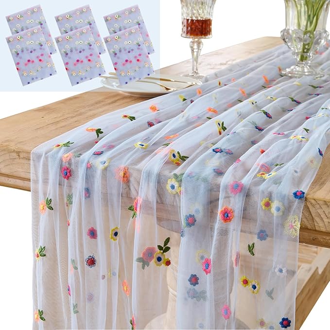 6PCS Blue Floral Table Runner 10 FT, Embroidery Daisy Table Runners Seasonal Spring Summer Sheer Tulle Dining Table Decor for Home Party Birthday Decor 29x120 Inch ﻿