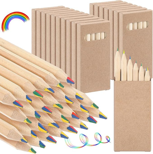 Ctosree 24 Packs 4 in 1 Rainbow Pencils 3.5 Inch Mini Colored Pencils Bulk in Kraft Boxes Valentine's Day Gift for Kids Classroom 100th Day of School Drawing Birthday Party Favor, 6 Per Pack