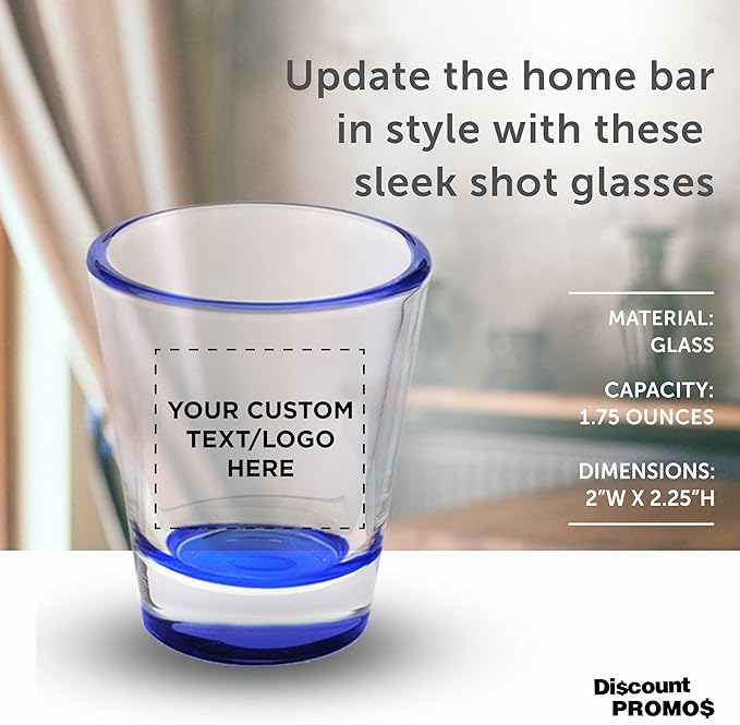DISCOUNT PROMOS Custom Shot Glasses 1.75 oz. Set of 10/50/100, Personalized Bulk Pack - Great for Wedding Favors, Bachelorette Decorations, Party Favors - Blue Bottom Color