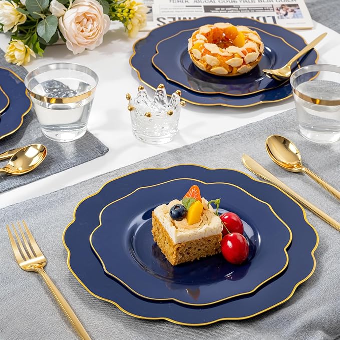bUCLA 180PCS Blue Plastic Plates - Navy Blue and Gold Rim Disposable Include 30 Each (Dinner & Dessert) Plates, 30 Knives, 30 Forks, 30 Spoons and 30 Cups, Ideal for Party, Gathering and Hanukkah