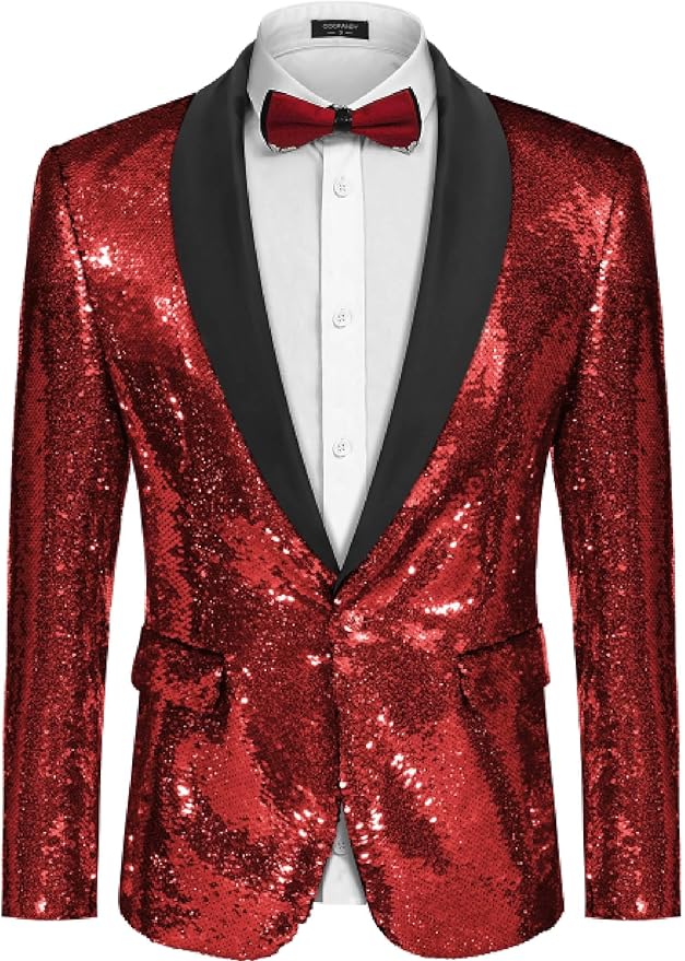 COOFANDY Mens Shiny Sequin Blazer Tuxedo Party Dinner Prom One Button Suit Jacket
