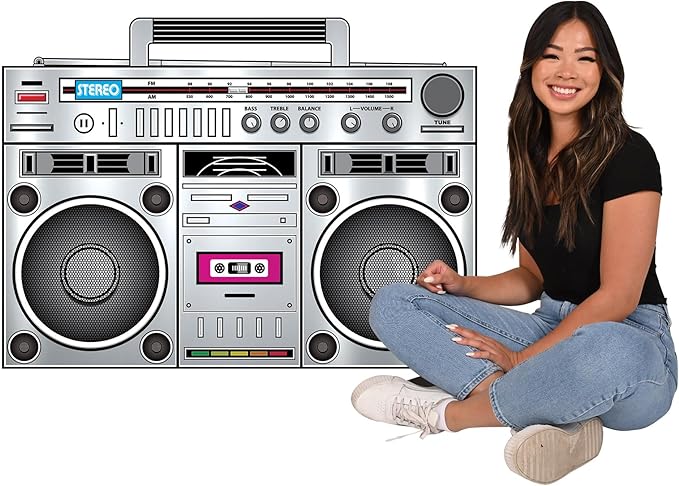 Beistle 80s Boom Box Stand-Up, Retro Metallic Cardboard Decoration, Perfect for 1980s ERAS Theme Dance Parties, Photo Booth Props, and Throwback Events, Large 3' 3¼" x 4' 5"