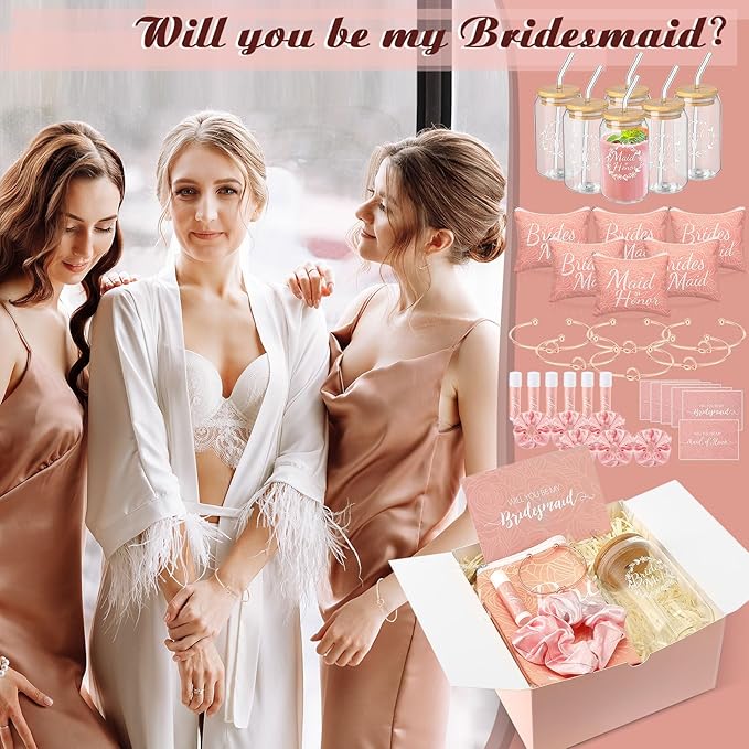 54 Pcs Bridesmaid Proposal Gifts, Maid of Honor Gift Include Wedding Gift Box Makeup Bag Invited Card Glass Cup Lip Balm Scrunchie Bracelet for Bridal Shower Bachelorette Party(Pink)
