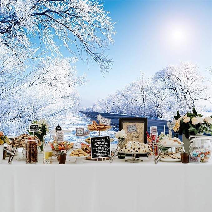 Baocicco 12x8ft Winter Landscape Photography Background Frozen Trees Sun Blue and White Wonderland Christma Xmas Photo Background for Winter Holiday Party Banner Family Party Supplies Decorations