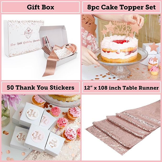 225 PC Rose Gold Birthday Party Decorations Kit for Girls, Teens, Women - Happy Birthday Banner, Curtains, Table Runner, Balloons, Sash, Tiara, Cake Topper, Plates, Cups, Napkins, Straws for 25 Guests