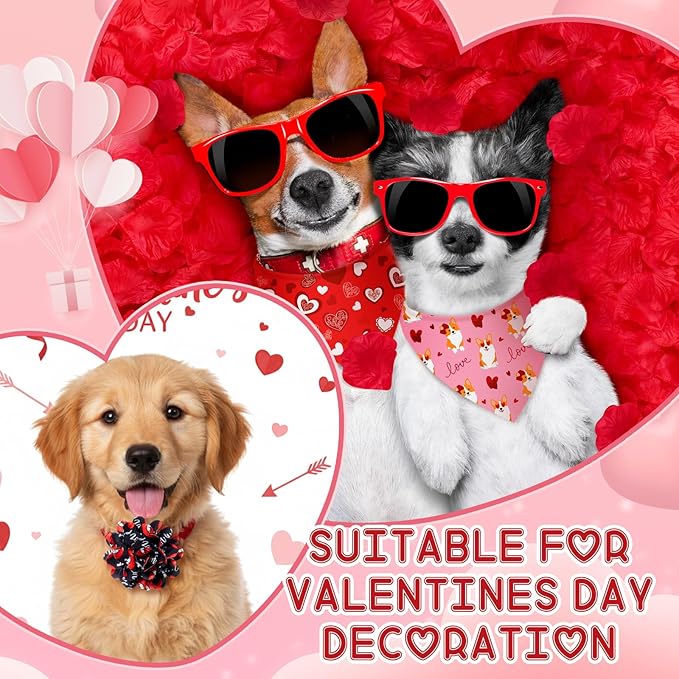 100 Pcs Valentine's Day Dog Bandanas & Flowers Set, Heart Love Pet Scarf Accessories for Dogs, Grooming, Party, Photo Props & Pet Shop Decorations