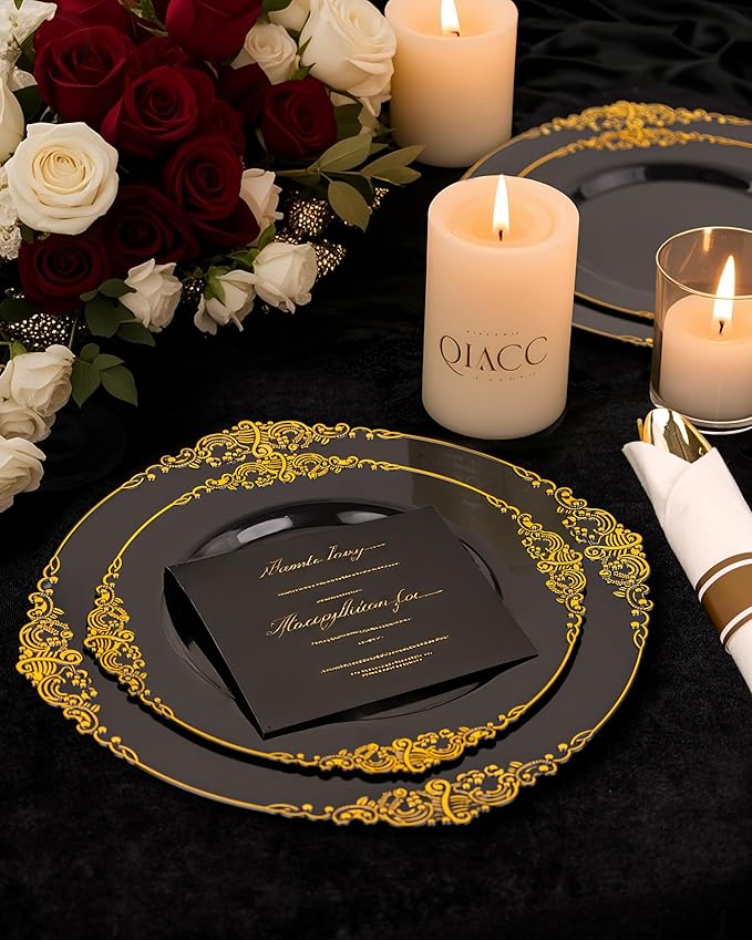 Nervure 100PCS Black Gold Plastic Plates - 7.5 inch Black Plastic Plates with Gold Rim - Disposable Dessert Plates for Wedding & Party
