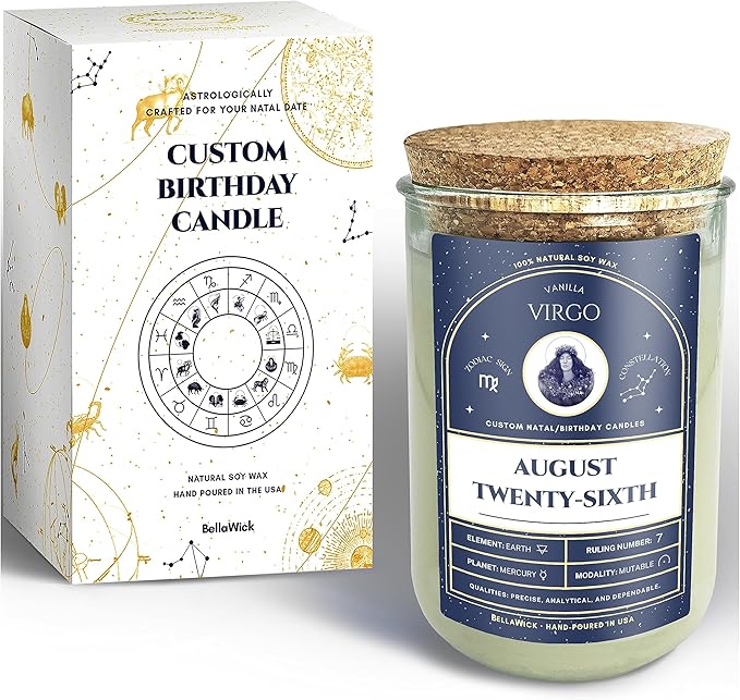 Birthday Candles - Custom Birthdate Astrological Zodiac Scented Candles. Astrology Gifts. All Natural Soy Wax. 75+ Hour Burn Time. Made in USA - August 26