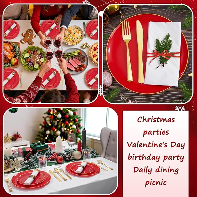 KIRE 350PCS Red Plastic Plates - Heavy Duty Red Plates Disposable - 50Guest Plastic Dinnerware Include 50Dinner Plate,50Dessert Plate,50Pre Rolled Napkins with Silverware for Valentine's Day&Wedding
