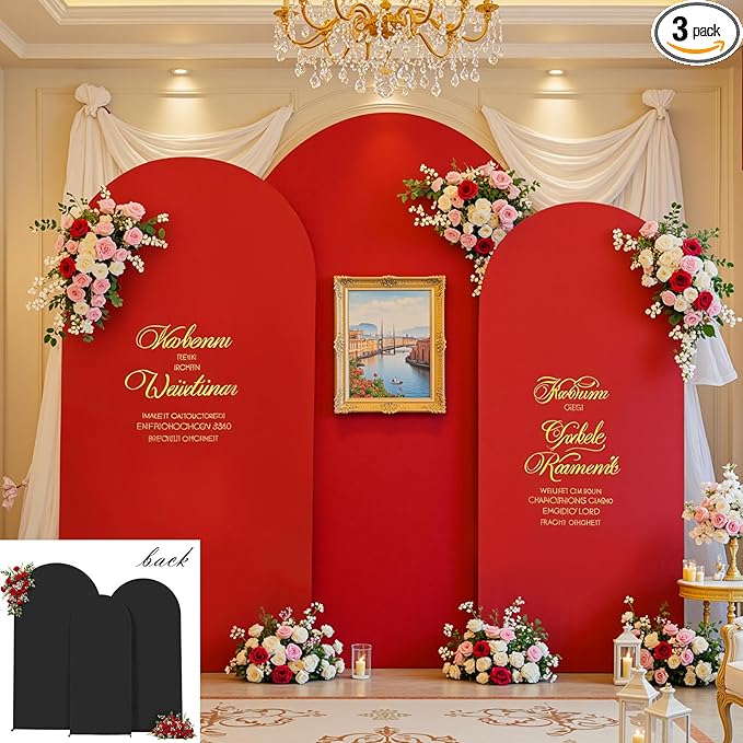 Arch Backdrop Cover Set of 3 - Spandex Arch Covers 7.2FT 6.6FT 6FT Stretchy Fabric Backdrop for Wedding Ceremony, Bridal Baby Shower, Birthday Party, Photo Booth Background Decor(Red and Black)
