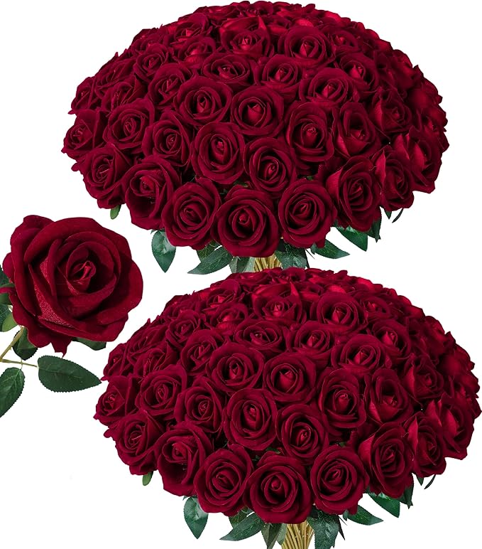 50 PCS Burgundy Roses Artificial Flowers, Fake Roses with Stem Realistic Silk Roses for DIY Wedding Bouquets Table Centerpieces Arrangements Baby Shower Birthday Home Decor Valentines Day Gift for Her