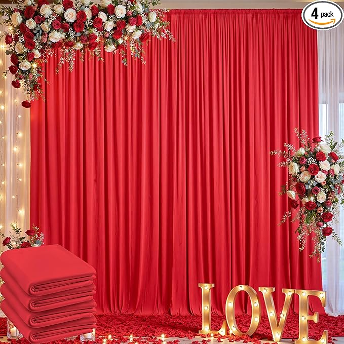 20ft x 10ft Wrinkle Free Red Backdrop Curtain for Parties, 4 Panels 5×10ft Silky Polyester Red Photo Backdrop Drapes Back Drop Cloth for Birthday Theme Party Wedding Photography Background