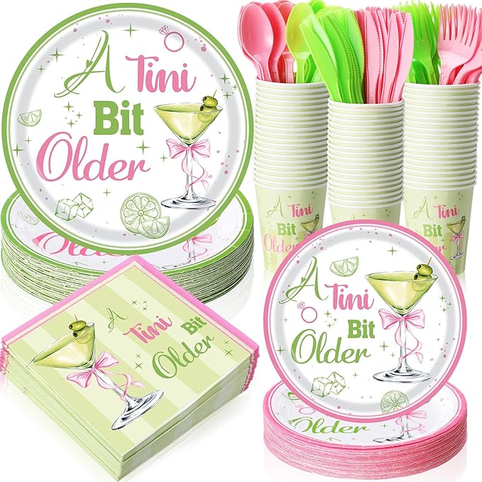 Pickmesh 400 Pcs A Tini Bit Older Birthday Party Plates and Napkin Decoration Martini Tableware Cups Knives Hot Pink & Green Dinnerware for Women Birthday Bridal Wedding Baby Shower Supplies Serve 50
