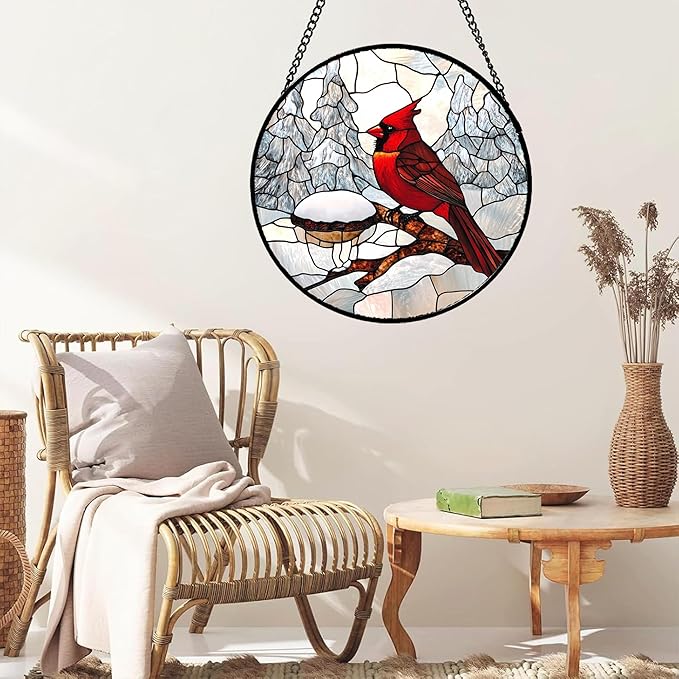 Stained Glass Window Hanging Cardinal Bird Winter Snow Scene 9.8" - Suncatcher Door Garden Sunroom Sun Catcher Home Decor Birthday Christmas for Mom Men Woman Nana