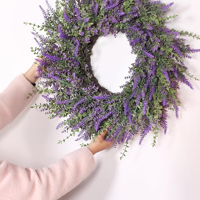 26'' Large Eucalyptus and Lavender Wreath for Front Door, Porch, Window- Artificial Eucalyptus Leaves with Lavender Wreath for Home, Farmhouse Wall Decor- Spring, Summer, Fall, All Seasons (Purple)