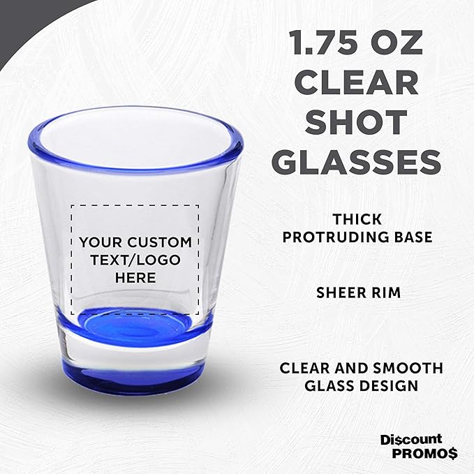DISCOUNT PROMOS Custom Shot Glasses 1.75 oz. Set of 10/50/100, Personalized Bulk Pack - Great for Wedding Favors, Bachelorette Decorations, Party Favors - Blue Bottom Color
