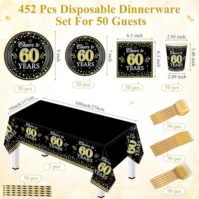 452 Pcs 60th Anniversary Party Decorations, Cheers to 60 Years Paper Plates Napkins Cups Tablecloth Cutlery Straws Disposable Tableware Set for 60th Birthday Party Supplies for 50 Guests