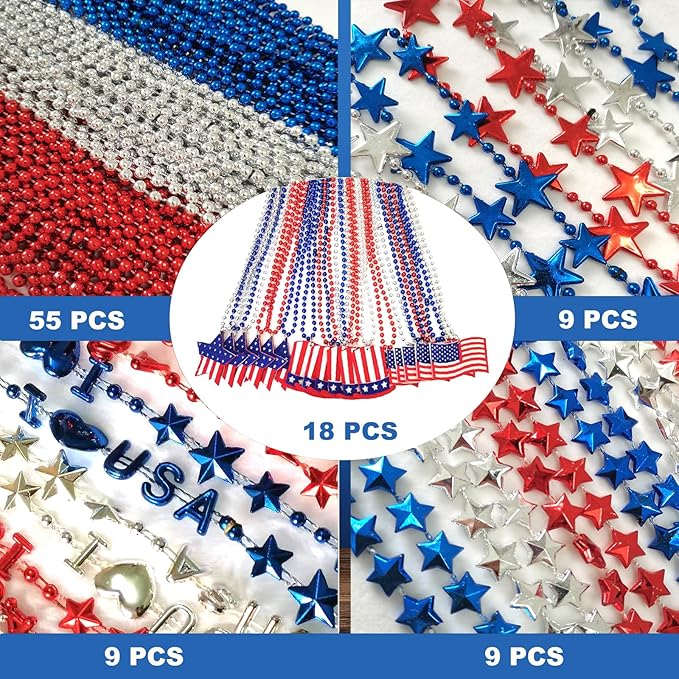 100 Pcs 4th of July Bead Necklaces, Blue Red Silver Patriotic Beaded Necklaces Parade Necklaces Bulk For Independence Day, 4th of July Decoration, Veteran Day Decor