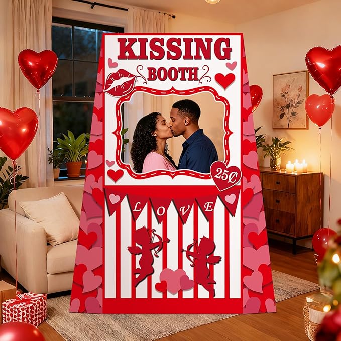 Valentine’s Day Photo Booth Prop, 48 x 63 inch Valentines Kissing Booth Cardboard Cutout Life-Size Standup, Love Photography Backdrop Decoration for Couple Anniversary Wedding Party Favor