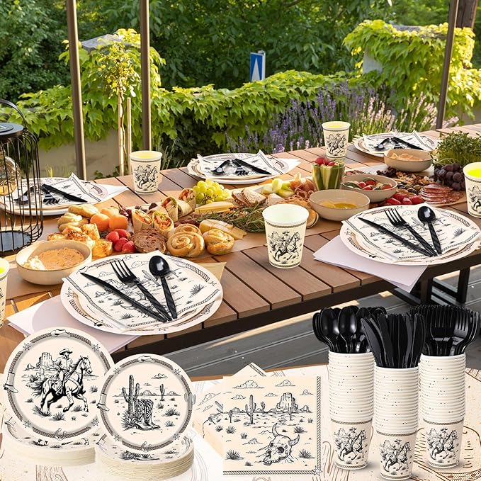 Pickmesh 400 Pcs Western Cowboy Party Plates and Napkin Decoration Wild West Rodeo Tableware Cups Knives for Rodeo Bachelorette and Wild Cowboy Birthday Party Supplies Serve 50