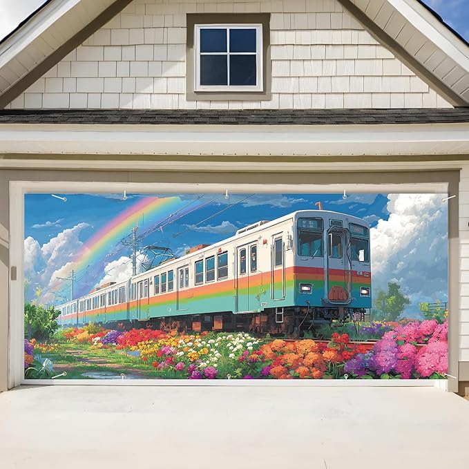 Train in the Spring Flowers Garage Door Banner 7x16FT, Colorful Train & Rainbow Outdoor Decoration for Garage Doors, Front Yard, and Seasonal Parties