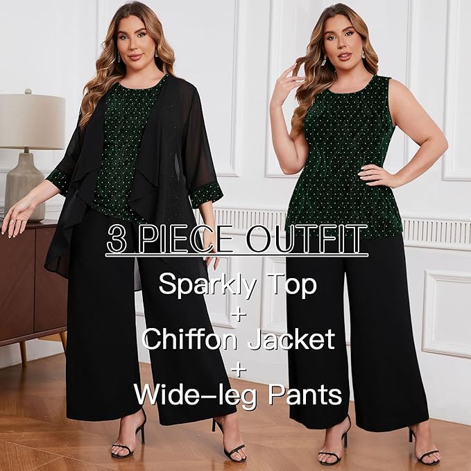 ZOMVA Plus Size 3 Piece Formal Pantsuit Sparkly Chiffon Jacket Set Dressy Outfit Mother of The Bride Groom Wedding Cocktail
