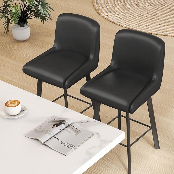 Swivel Bar Stools, 29''H Upholstered Barstools with Backs, Modern Counter Height Bar Stool Chairs for Kitchen Island, Metal Legs (Black- Faux Leather, Set of 2-29" H)