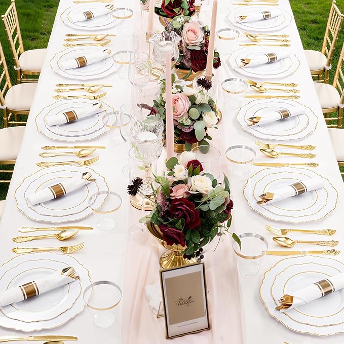 Liacere 700PCS Gold Plastic Plates - Baroque Dinnerware Sets for 100 Guests - 200 Disposable Plates（10inch，7inch）, 300 Gold Plastic Silverware, 100 Cups, 100 Napkins for Wedding & New Year