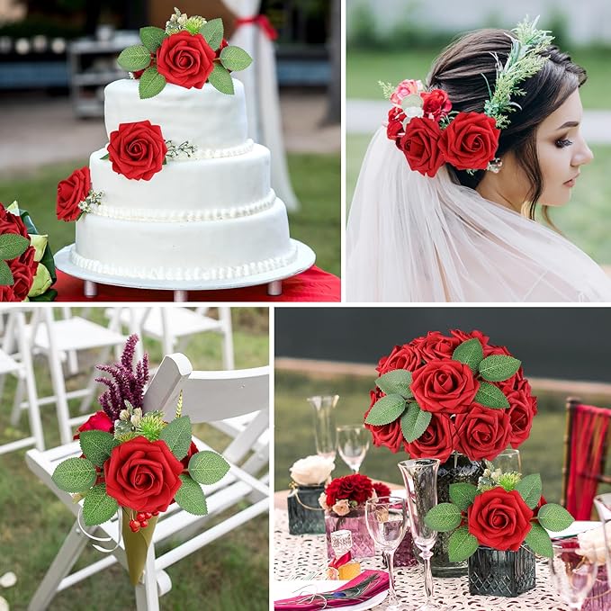 AmyHomie Artificial Flower Red Rose 100pcs Real Looking Fake Roses w/Stem for DIY Wedding Bouquets Centerpieces Arrangements Party Baby Shower Valentines Day Christmas Tree Decorations