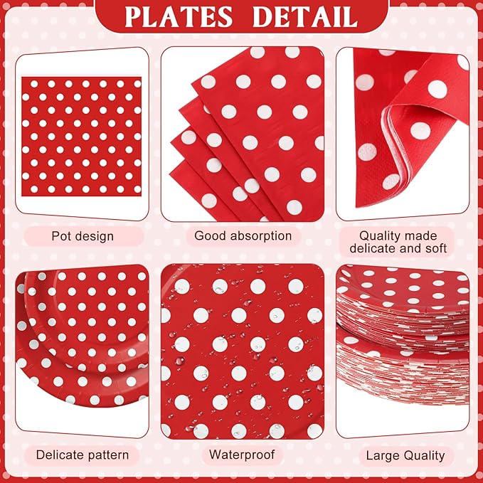 452 Pcs Red Polka Dot Party Supplies for 50, Red and White Polka Dot Paper Plates Napkins Cups Tablecloth Cutlery Straws for Mouse Birthday Carnival Family Picnic Barbecue Party Decoration