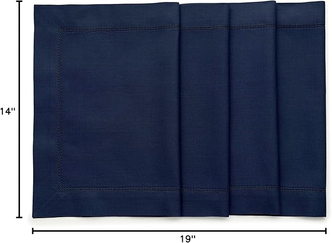 Solino Home Navy Blue Placemats Set of 4 - Cotton Linen Hemstitch Placemats 14 x 19 Inch for Winter, Spring, Easter