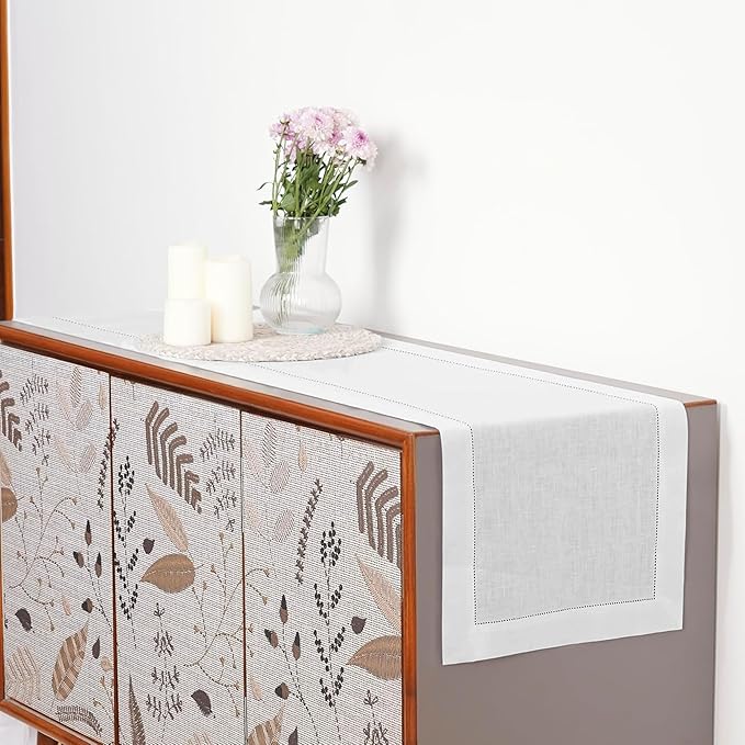 D'Moksha Homes Linen White Table Runner 72 Inches Long - 100% Pure Linen Hemstitch Table Runner 14 x 72 Inch for Dresser, Dining, Valentines, Spring, Easter - Classic Hemstitch