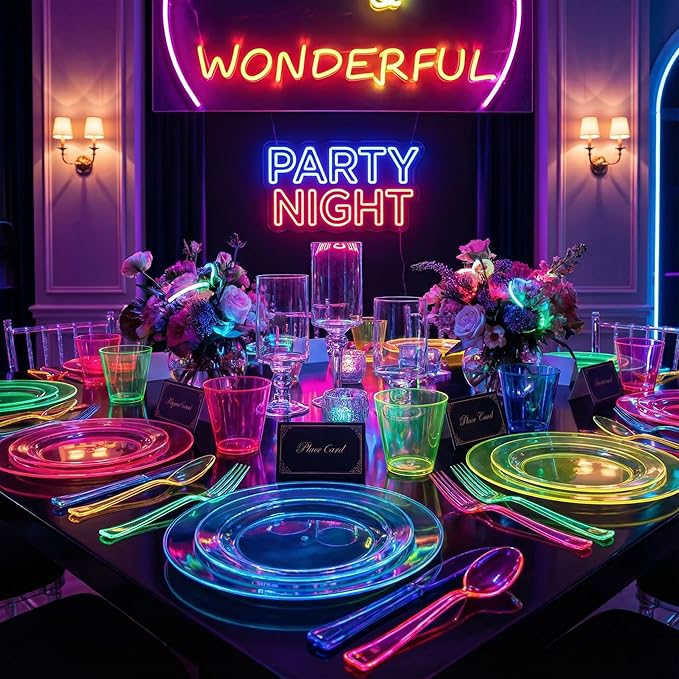 Supernal 216pcs Plastic Dinnerware Set include Rainbow Disposable Plates for Party Heavy Duty,Colorful Disposable Cups,Plastic Silveware in Neon Pink,Blue,Green,Yellow, Pefect for Birthdays