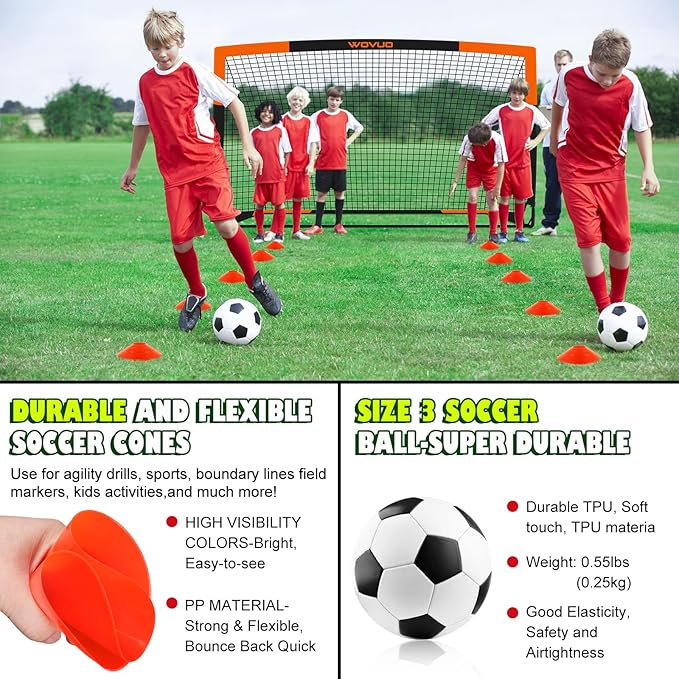 Kids Soccer Goals for Backyard Set of 2, 6x4 ft Portable Toddler Soccer Goal Training Equipment with Soccer Target, Ball, Cones, Soccer Net for Kids Age 3-5 6-8 8-12 10-12-14 Outdoor Sports Games Gift