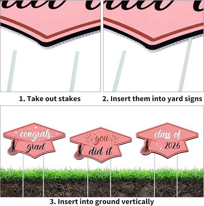 Aneco Waterproof 2026 Grad Yard Signs Plastic Graduation Yard Signs Party Outdoor Lawn Decorations 16 Inches Glitter Congrats Grad Lawn Sign with Stakes for Outdoor Party Garden Decor (Rose Gold)