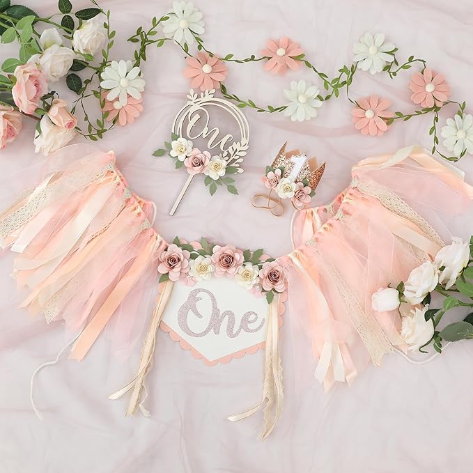 First Birthday Decorations for Girl Light Pink High Chair Banner One Flower Cake Topper Floral Hat Wildflower Garland 1st Birthday Decoration Supplies